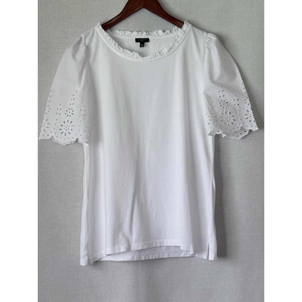 Talbots White Cotton Eyelet Puff Short Sleeve Ruffle Neck Top Cottagecore MP